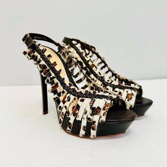L.A.M.B. LAMB STRAPPY SLINGBACK LEATHER AND FUR STILLETO HIGH HEELS - Picture 1 of 10